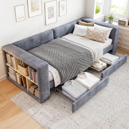 Daybed with 2 Storage Drawers and Bookshelf, 3FT Single Functional Upholstered Storage Bed 90x190 cm, Guest Bed Sofa Beds Youth Beds For Adults & Teenagers, Velvet, Grey, No Mattress, Easy Assembly