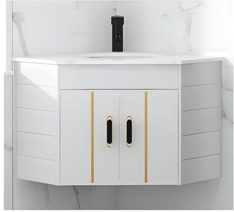 JYHHGDS Meuble-lavabo d'angle de 55 cm pour Petits espaces, Meuble Mural Flottant, lavabo en céramique Blanche, Robinet et bonde chromés (Blanc)