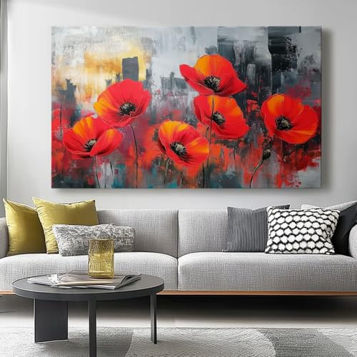 Leinwandbild Blumen, abstrakt, warme Töne Wandbild Kunstdruck für Wohnzimmer Schlafzimmer Rot Grau Büro Wanddeko Modern Vintage 120L x50B cm