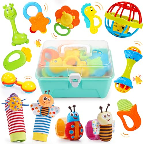 14 Pcs Rasseln Beißring Set mit Aufbewahrungsbox, Baby Spielzeug ab 0-12 Monate Baby Geschenk Junge Mädchen Babyspielzeug ab 0-12 Monate Montessori Spielzeug Baby ab 0-12 Monate Neugeborenen Geschenk