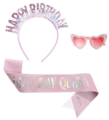 GWAWG Birthday Glasses Pink Heart Sunglasses with Birthday Queen Sash & Headband, Funny Birthday Accessories for Women Girls, Party Photo Props, Birthday Gifts, Queen Tiara Set