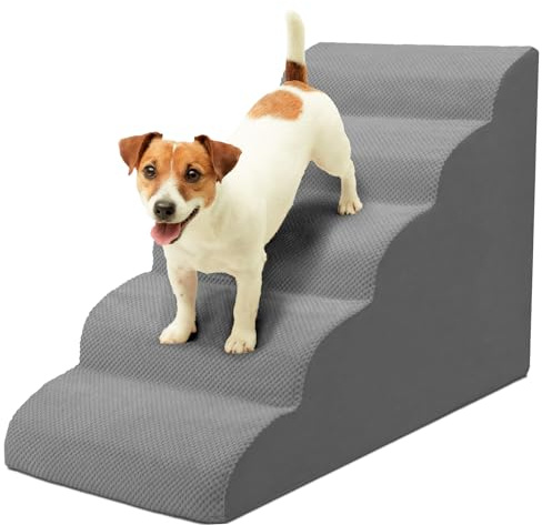 Niubya Escalier pour Chien et Chat, H62 cm, avec Housse Lavable et Mousse à Haute densité, pour lit, Salon et canapé, Échelle Large Animaux âgés et blessés (Gris, 5 marches)