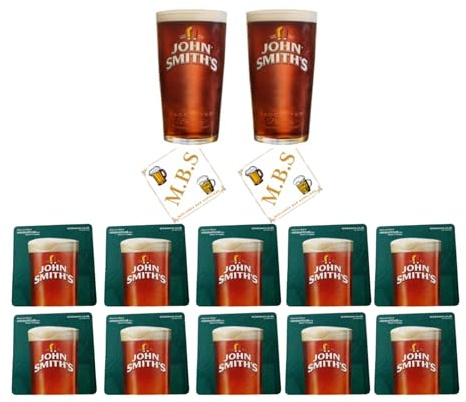John Smiths Beer Glass Set with 2 Pint Glasses and 10 Pub Coasters, Traditional Bar Collection