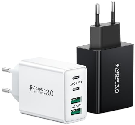 2-Pack USB C Ladegerät, 40W 4-Ports Mehrfach Ladegerät mit PD Power Adapter + QC 3.0, Schnellladegerät USB Netzteil Stecker für iPhone 17 16 15 14 Pro Max Plus 13 12 11, iPad, Samsung Handys