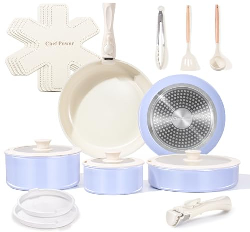 Chef Power Ceramic Cookware Sets, 19Pcs Pots and Pans Set Non Stick with Detachable Handle, Induction Dishwasher Oven Safe Cookware Set, RV Kitchen Set Removable Handle, Light Purple