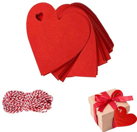 100 Stück Herz-Geschenkanhänger, Rote Herzförmige Papieranhänger mit 10m Schnur, für Valentinstag, Weihnachten, Hochzeit, Thanksgiving, Geburtstag, Feiertagsfeier
