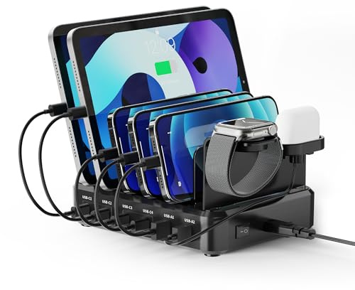 Ewent Estación de Carga Universal con 6 Puertos USB (4xUSB-C 65W + 2xUSB-A), Enchufe Europlug 130 W, con Soporte para SmartWatch y Auriculares, para Smartphone/Tablet/Portátil, Carga Rápida PD3.0/QC3.