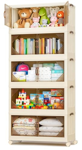 Nordswal 5 Tier Stackable Storage Boxes with Lids, Doors & Wheels, Foldable Collapsible Plastic Storage Organiser, Large Lidded Storage Bins for Home, Office, Bedroom and Closet, 182 x 90 x 38 cm