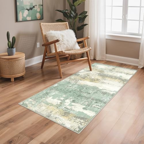 BEIMO Alfombra de Salón de Pelo Corto, Tapetes Abstractos Modernos Antideslizantes y Lavables, Alfombra Pequeñapara Entrada/Cocina/Exterior, Verde Salvia, 60X120CM