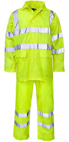 MyShoeStore Unisex Hi Vis Viz & Plain Rainsuit 2 Piece Set High Visibility Men Women Hooded Puddle Ladies Rain Suit Jacket & Trousers Waterproof PVC Workwear Rain Wear - Yellow / Hi Viz - XL