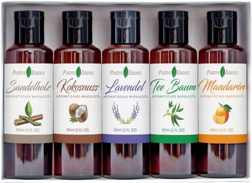 Massage Oil Set for Massage Therapy, Therapeutic Organic Massage Oils, Relieve Stress, Vegan Friendly, Made with Pure Essential Oils, Jojoba, Vitamin E, and Sweet Almond for Skin, 5 x 60ml