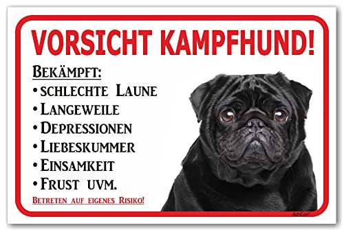 AdriLeo Schild - Vorsicht schwarzer Mops - Kampfhund - (20 x 30cm) / Achtung Hund Wachhund robust langlebig UV-beständig wetterfestes Warnschild