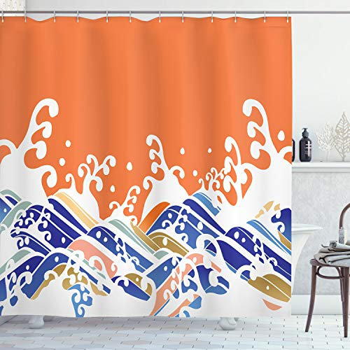 ABAKUHAUS Japanische Welle Duschvorhang, Vibrant Spindrift, Stoffliches Gewebe Badezimmerdekorationsset mit Haken, 175 x 200 cm, Orange Violettblau