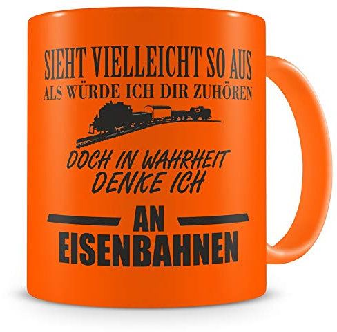 Samunshi® Eisenbahn Tasse mit Spruch Geschenk für Mann Frau Oma oder Opa Kaffeetasse groß Lustige Tassen zum Geburtstag neon orange 300ml