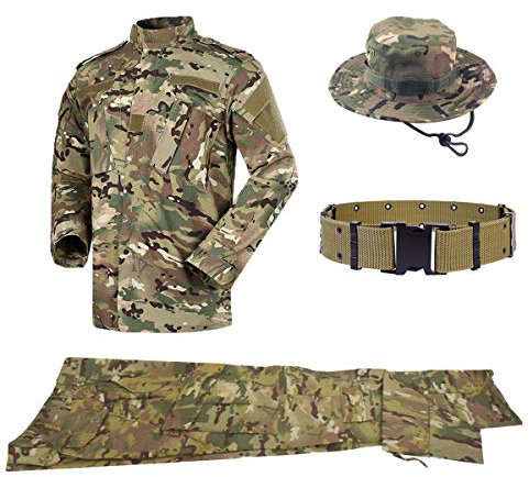 QHIU Taktischer Uniformen Herren Jacke&Hose Stück Sets mit Gürtel&Boonie Hat Military Combat BDU Camo für Airsoft Paintball Swat Camping Outdoor-Sportarten