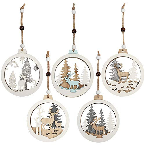 Belle Vous Wooden Christmas Decoration (5 Pcs) - Hollow Laser Cut Wood Carved Hanging Pendants with String for Christmas Tree Decoration - Wooden Hanging Ornaments Baubles for Xmas Party Decorations