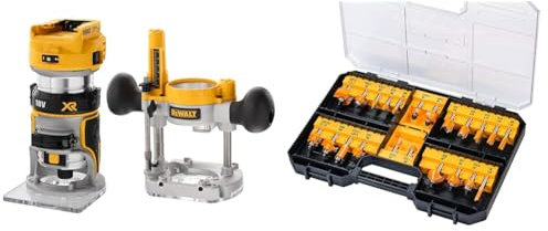 DEWALT DCW604NT-XJ Fresatrice Combinata spazzole XR 18V Senza Caricatore, 18 V, Multicolore & DT90017-QZ Set Da 22 Frese Per Legno