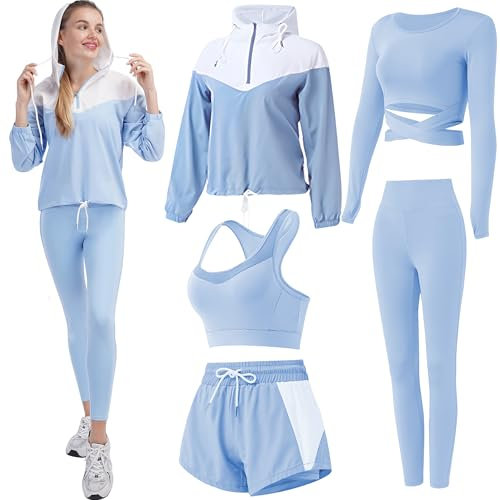 Inmarces 5 Stück Sport Set Damen Sportbekleidung Yoga Set Trainingsanzug Jogging Gym Pilates Sport Outfit Damen Set(BL01,S)