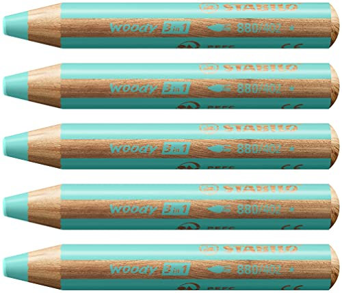 STABILO - Buntstift, Wasserfarbe & Wachsmalkreide - woody 3 in 1 - 5er Pack - pastellblau