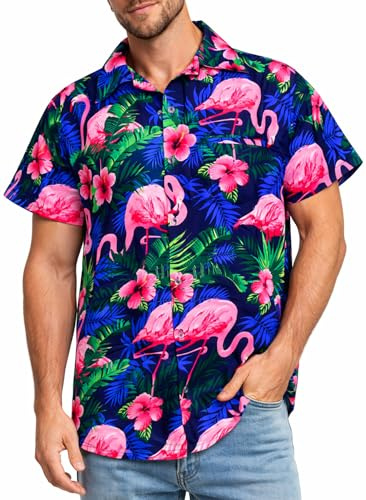 King Kameha Hawaii Hemd Männer - Tropisches Hawaiihemd Herren Kurzarm mit Flamingo-Print & Fronttasche, Ideal für Urlaub, Festival & Strand