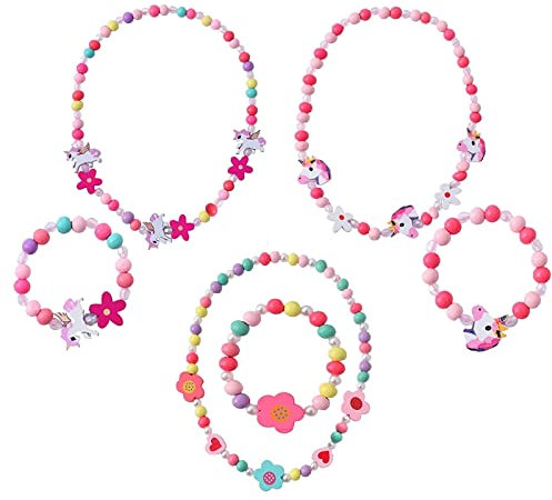 6 Stück Kette Mädchen, Schmuck Mädchen, Armband Mädchen, Kinderschmuck, Holzkette Schmuck Kinder, Schmuckset Mädchen, Einhorn Geschenke für Mädchen, Einhorn Mitgebsel, Freundschaftsarmbänder Mädchen