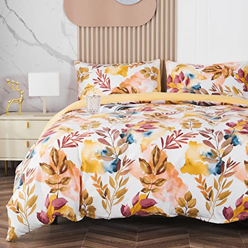 Jemiipee Bettwäsche-Set 100% Mikrofaser mit Herbst Äste und Blätter Muster, 1 x Bettbezug 200x200 cm mit 2 x Kissenbezüge 50x70 cm und Reißverschluss, Mehrfarbig Weiche Bettwäsche Modern, Senfgelb