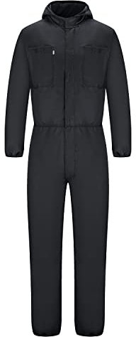 Yukirtiq Men's Lightweight Hooded Overall Hard Wearing Solid Color Mechanics Boiler Suit Workwear Hooded Boilersuit Coverall, Black, M