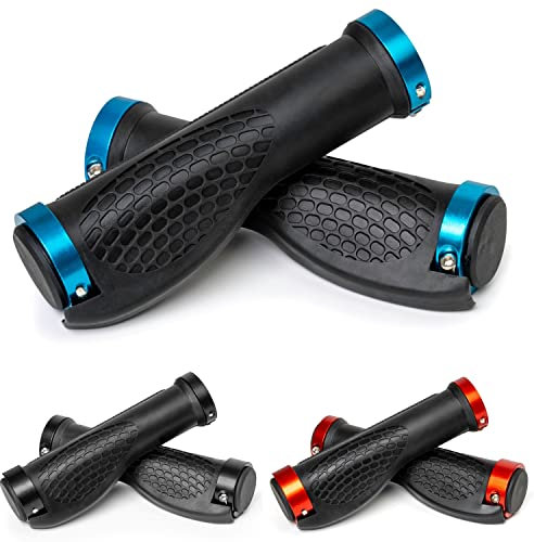 Fahrradgriffe Set, 1 Paar Links rechts, in Schwarz, für Lenkergriffe bis Ø 22 mm, 140 mm Griffstück, Fahrrad Lenker Griff mit Endkappe und blauem Befestigungsring, Fahrradlenkergriff MTB, Rennrad