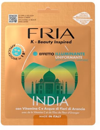 Fria K-Beauty Maschera Viso India con Vitamina C e Acqua di Fiori di Arancio, Effetto Illuminante e Uniformante sulla Pelle, Dermatologicamente Testata, Confezione da 1 Maschera