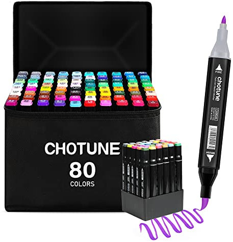 CHOTUNE Alkohol Marker Set, 80 Farben Weiche Bürste und Fein Doppelte Spitze Sketch Zeichenmarker, Einfaches Mischen zum Skizzieren und Illustrieren mit Schwarzer Handtasche und Basis
