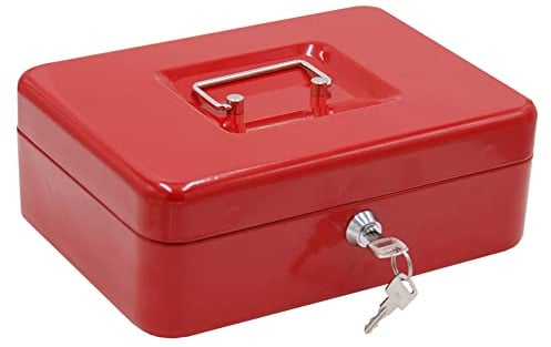 MICEL - 13398 - Geldkassette mit Schlüssel, zum Zählen und Transportieren von Geld, mit Stahlgriff, inkl. Ablagefach, rot, 250 x 180 x 90 mm