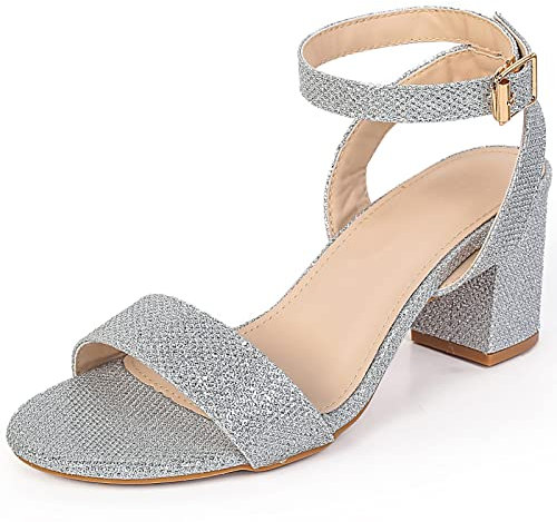 WUIWUIYU Escarpins Femme Bride Cheville Bout Ouvert Sandales Bloc Talon Sexy soirée 6CM -Argent 37