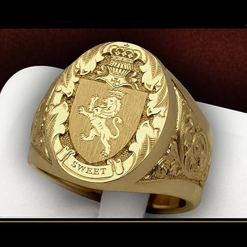CUSIOALQQ Vintage Löwe Schild Badge Ring - 18K Gelbgold Vergoldet 925 Sterling Silber Hip Hop Gravur Muster Krone Siegelring - Punk Stil Gothic Totem Amulett