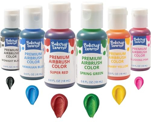 Bakery Crafts Premium Airbrush Food Coloring, 6 Bottle Assortment, 3.6 Fl Oz, Edible Paint For Use With All Airbrush Kits - Cake Decorating, Food Painting, Frosting, Red, Pink, Yellow, Green, Blue, Black - 6 x 0.6FL OZ Made In The USA