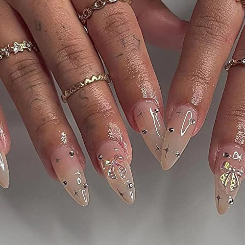 Ceboic 24 Stück Mandel Nägel Zum Aufkleben Mittel, French Bow Tie Künstliche Nägel, Wiederverwendbare Ballerina Stiletto Falsche Nägel Glitzer Acryl Fingernägel Fake Nails Kit für Frauen und Mädchen