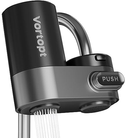 Vortopt Filtre eau Robinet, Filtre à Eau du Robinet de Couleur Noire, Système de Filtration ACF, Purificateur de l'eau de Longue Durée pour Cuisne, Réduit Chlore, Goût et Odeur, T5