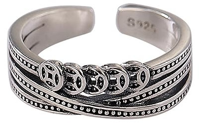 RobertDTesta Damenring S925 Aus Sterlingsilber, Verstellbarer Durchbrochener Münzring Im Vintage-Stil,Silber,6