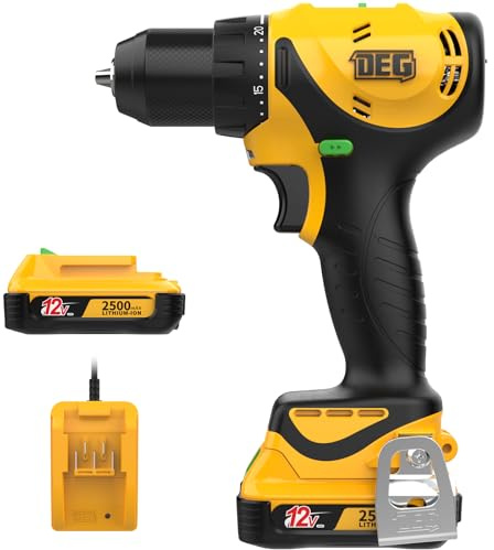 DEGLASERS 12V Max Cordless Drill/Driver, Electric Drill Set with Battery and Charger, 3/8 Keyless Chuck, 2 Variable Speed, 20+1 Set