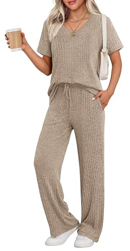 Ekouaer Lounge Sets for Women Ribbed Pajama Set Short Sleeve Top and Long Pants Set with Pockets Sleep Set Khaki
