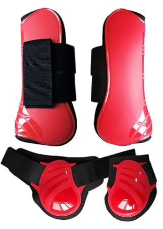 Merauno® Gamaschen Pferde 4er Set Gamaschen Paar für vorne hinter Hartschale und Klettverschluss für Damen& Herren PU Robust Elastisch Tendon Boots Classic (L, Rot)