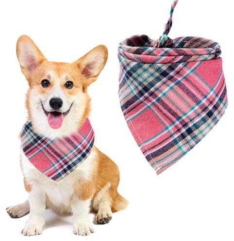 Voarge Hundeschal,Klassisches Kariertes Hundehalstuch, Bandana für Hund,Waschbare Halsdreiecke für Kleine Mittlere und Große Hunde Katzen (Rosa Kariertes Halstuch, L)