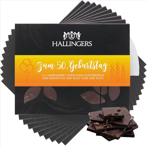 Hallingers Genuss Manufaktur Vegane Schokolade Geburtstagsgeschenk - Tafel handgeschöpfter Edelkakao ohne Alkohol edler Karton 10x Zum 50. Geburtstag Pur 85%, Geschenke für Frauen Männer