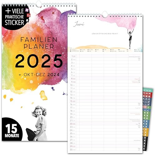 Familienkalender 2025 5 Spalten VINTAGE RETRO Familienplaner 2025 und Okt-Dez 2024 Wandkalender 23 x 43cm Planer für Familie 2025 Wandplaner STICKER Recycling Urlaub Wasserfarbe Aquarell