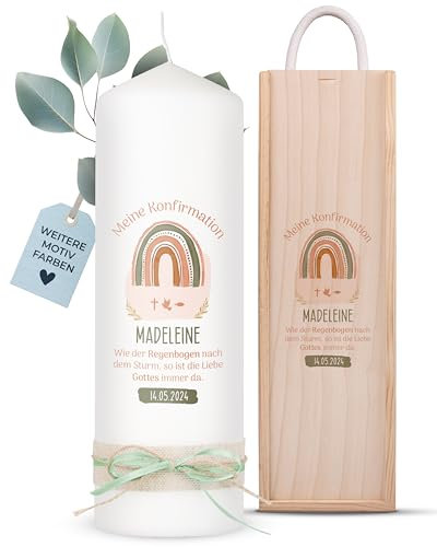 AMARI ® Konfirmationskerze personalisiert Regenbogenliebe 25/8 cm- Kerze Konfirmation - Konfirmationskerze mit Namen und Datum - Konfirmation Kerze personalisiert Mädchen Junge