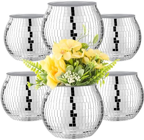 6 Pcs Disco Ball Vase Disco Ball Planter for Centerpieces Disco Ball Decor Flower Vase with Silver Mirror Glass for Wedding, Birthday, Party (4 X 4.7)