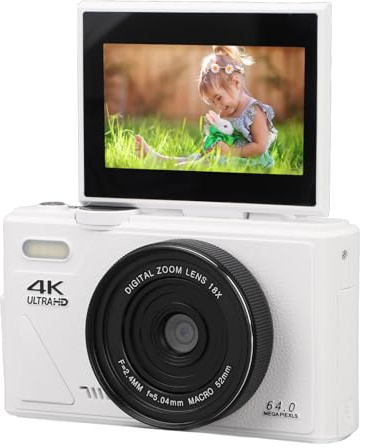 Appareil photo numérique 4K 64 MP, zoom 18x, appareil photo compact rétro avec écran rabattable de 7,6 cm pour le vlogging de voyage, appareil photo numérique portable pour débutants (blanc)