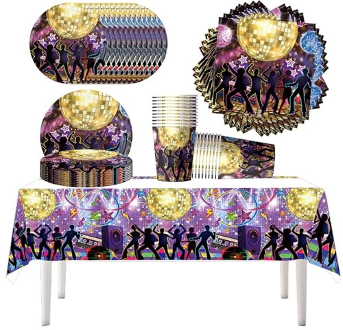 Doyomtoy 61pc Disco Party Tableware Set; Includes Plates, Cups, Napkins & Tablecloth; Perfect for Birthdays & Baby Showers
