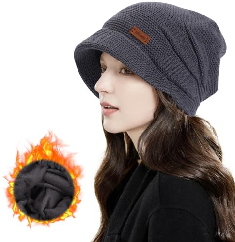Cappelli invernali da donna, termici da donna, cappelli di lana da donna con visiera, morbidi e caldi cappelli da donna, Grigio scuro, Taglia unica