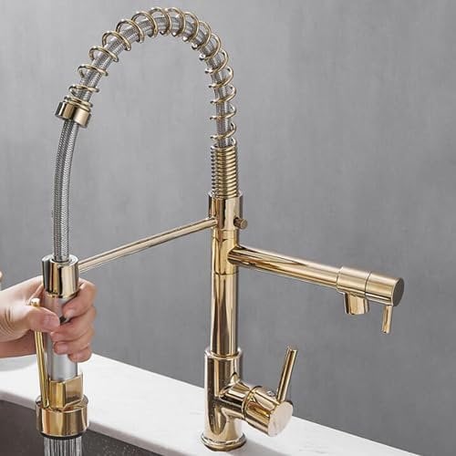 Modern Kitchen Sink Faucet with Waterfall Swivel Spout and 2 Modes Brass Spring Tap in Gold Finish
