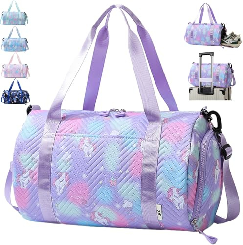 AUNGKWANG 25L Borsa Palestra Unicorno, Borsa da Viaggio Bambina, Impermeabile Borsa Piscina Sportiva, Borsone Viaggio, Travel Weekender Gym Bag Con Scomparto per Donna Scarpe e Strato Umido (Viola)